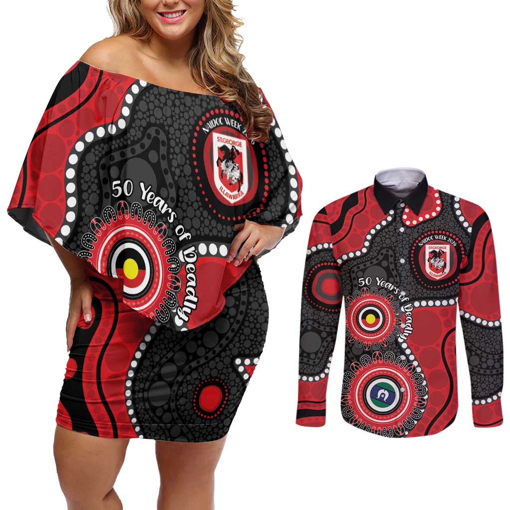 Dragons NAIDOC Week 2026 Personalised Couples Matching Off Shoulder Short Dress and Long Sleeve Button Shirt 50 Years of Deadly Aboriginal Art