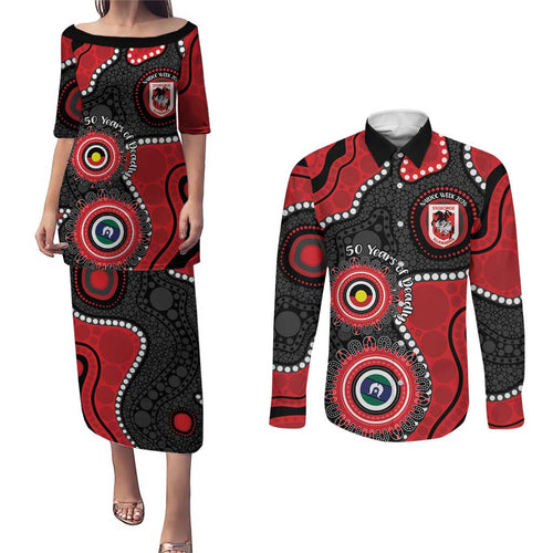 Dragons NAIDOC Week 2026 Personalised Couples Matching Puletasi and Long Sleeve Button Shirt 50 Years of Deadly Aboriginal Art
