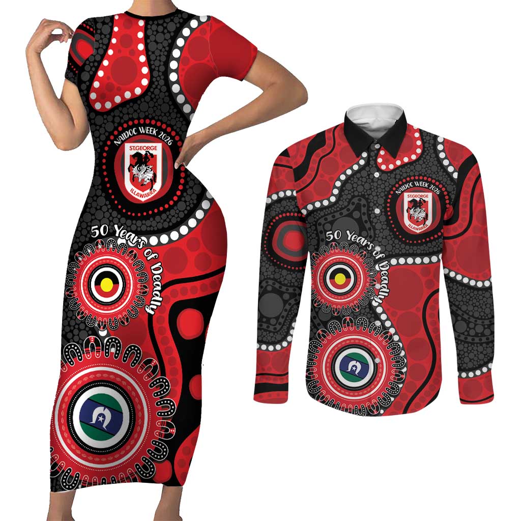 Dragons NAIDOC Week 2026 Personalised Couples Matching Short Sleeve Bodycon Dress and Long Sleeve Button Shirt 50 Years of Deadly Aboriginal Art