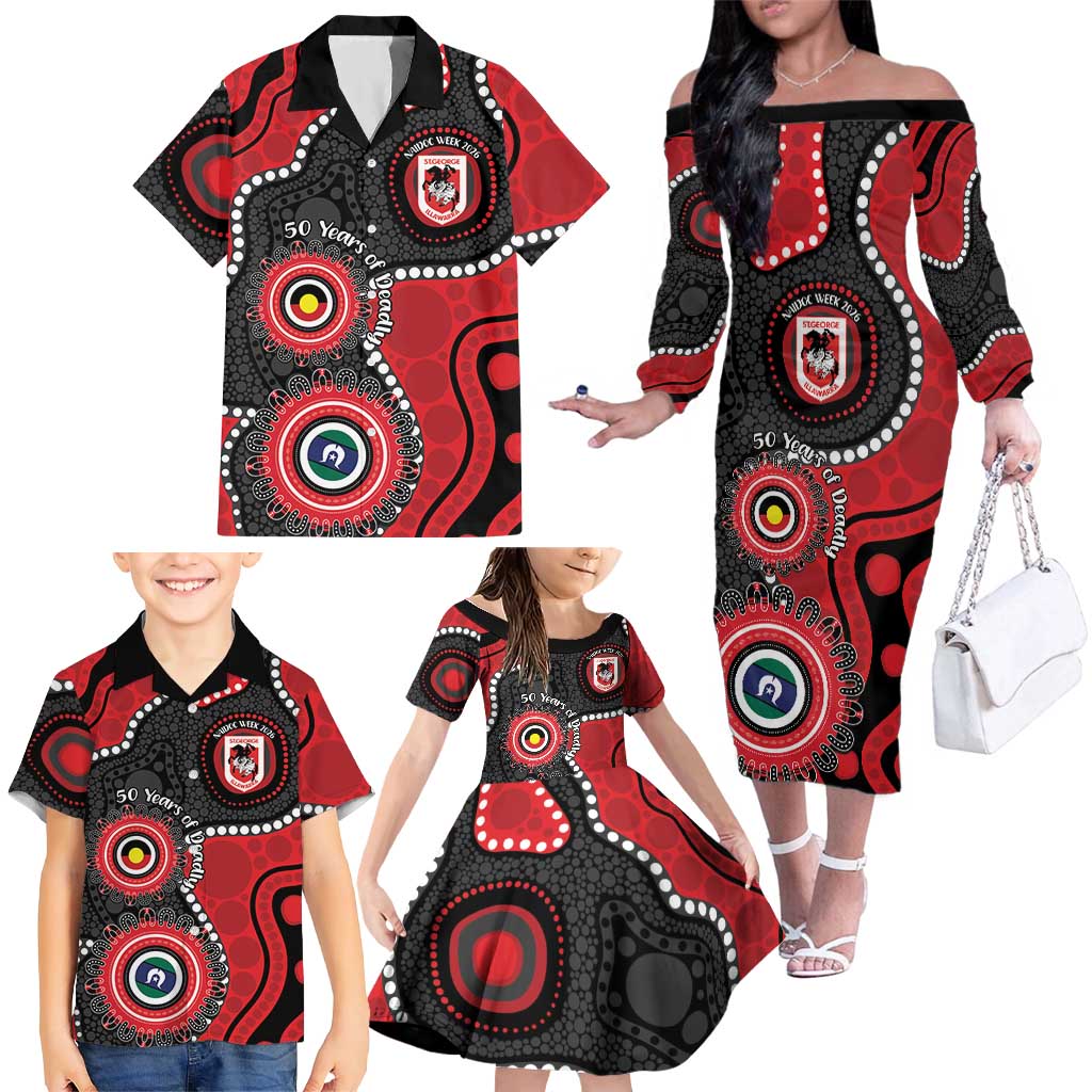 Dragons NAIDOC Week 2026 Personalised Family Matching Off The Shoulder Long Sleeve Dress and Hawaiian Shirt 50 Years of Deadly Aboriginal Art