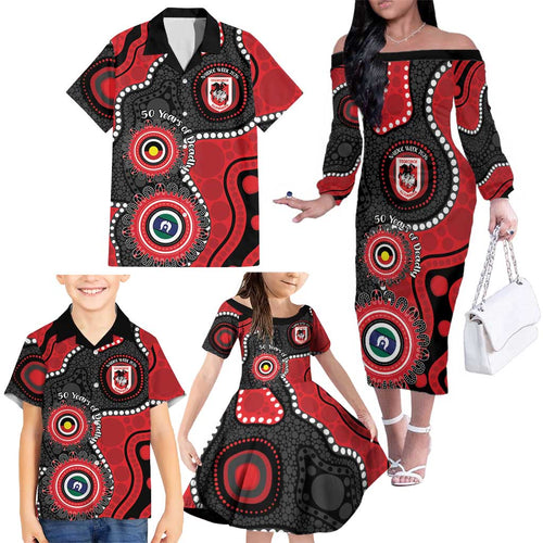 Dragons NAIDOC Week 2026 Personalised Family Matching Off The Shoulder Long Sleeve Dress and Hawaiian Shirt 50 Years of Deadly Aboriginal Art