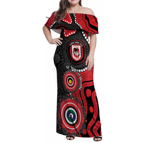 Dragons NAIDOC Week 2026 Personalised Family Matching Off Shoulder Maxi Dress and Hawaiian Shirt 50 Years of Deadly Aboriginal Art