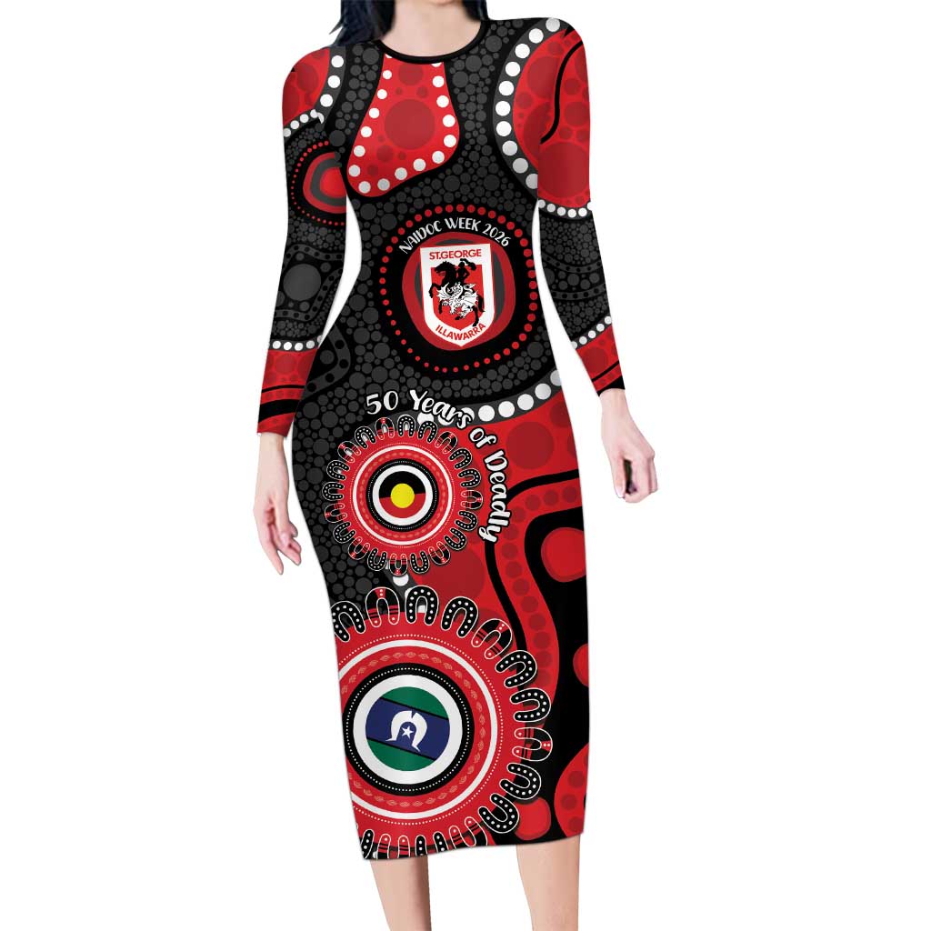 Dragons NAIDOC Week 2026 Personalised Long Sleeve Bodycon Dress 50 Years of Deadly Aboriginal Art