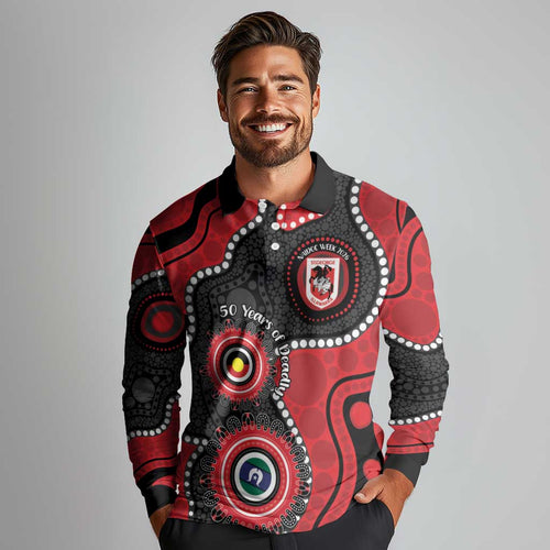 Dragons NAIDOC Week 2026 Personalised Long Sleeve Polo Shirt 50 Years of Deadly Aboriginal Art
