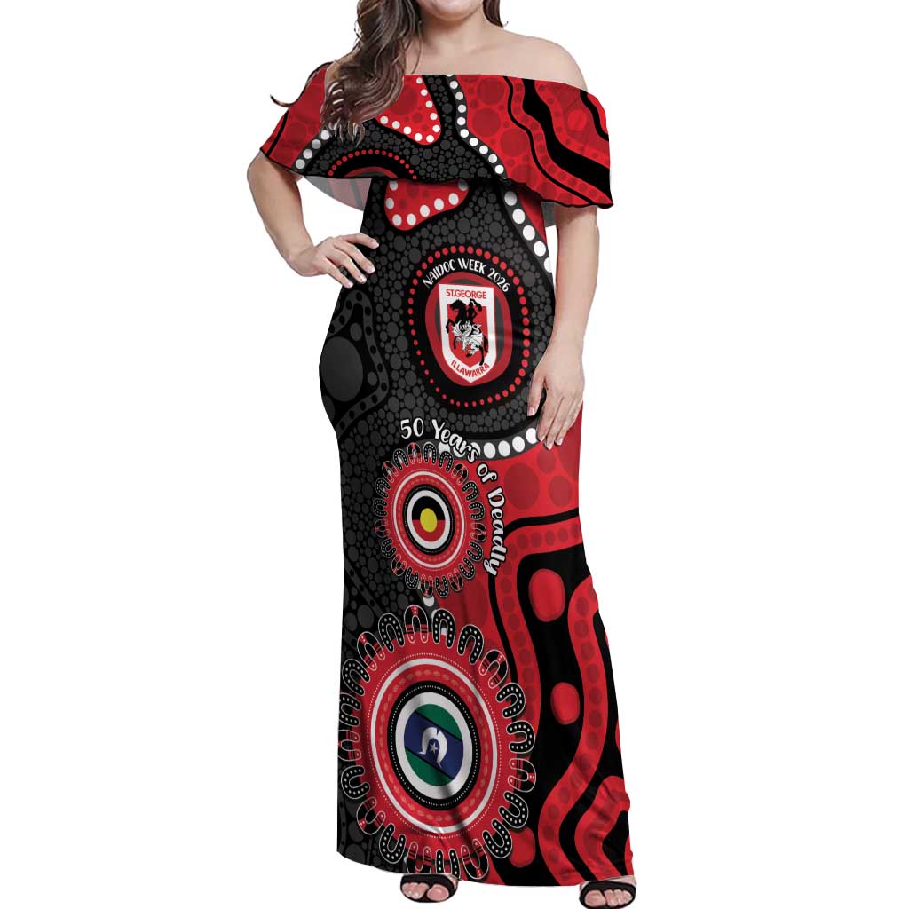 Dragons NAIDOC Week 2026 Personalised Off Shoulder Maxi Dress 50 Years of Deadly Aboriginal Art
