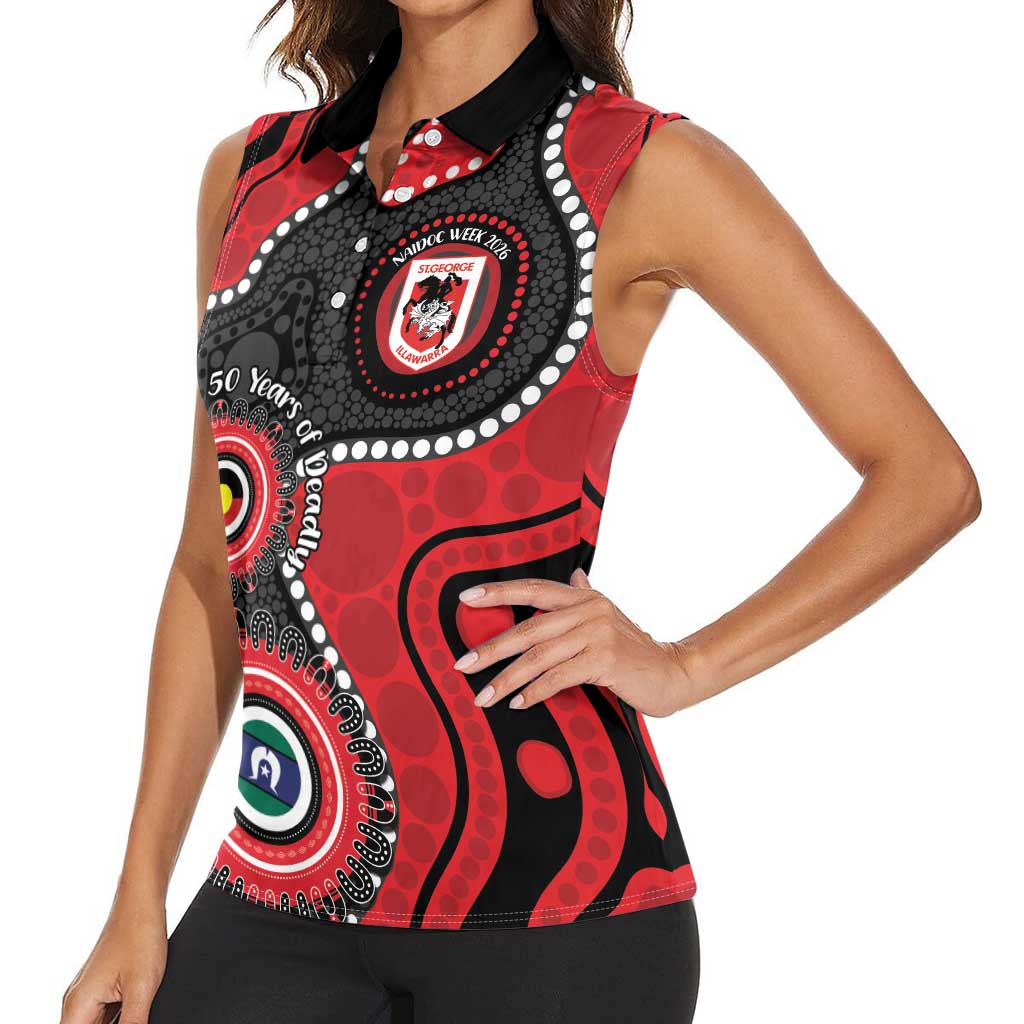 Dragons NAIDOC Week 2026 Personalised Women Sleeveless Polo Shirt 50 Years of Deadly Aboriginal Art