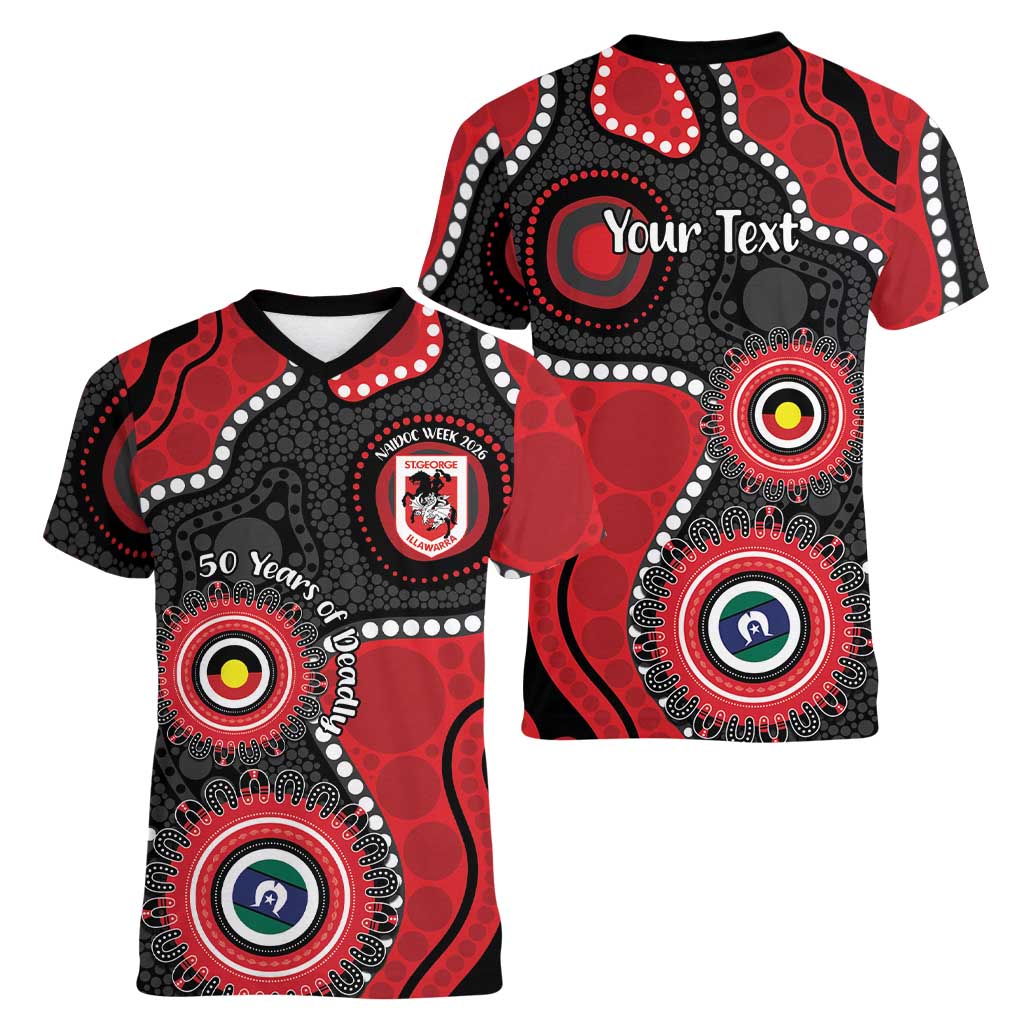 Dragons NAIDOC Week 2026 Personalised Women V-Neck T-Shirt 50 Years of Deadly Aboriginal Art