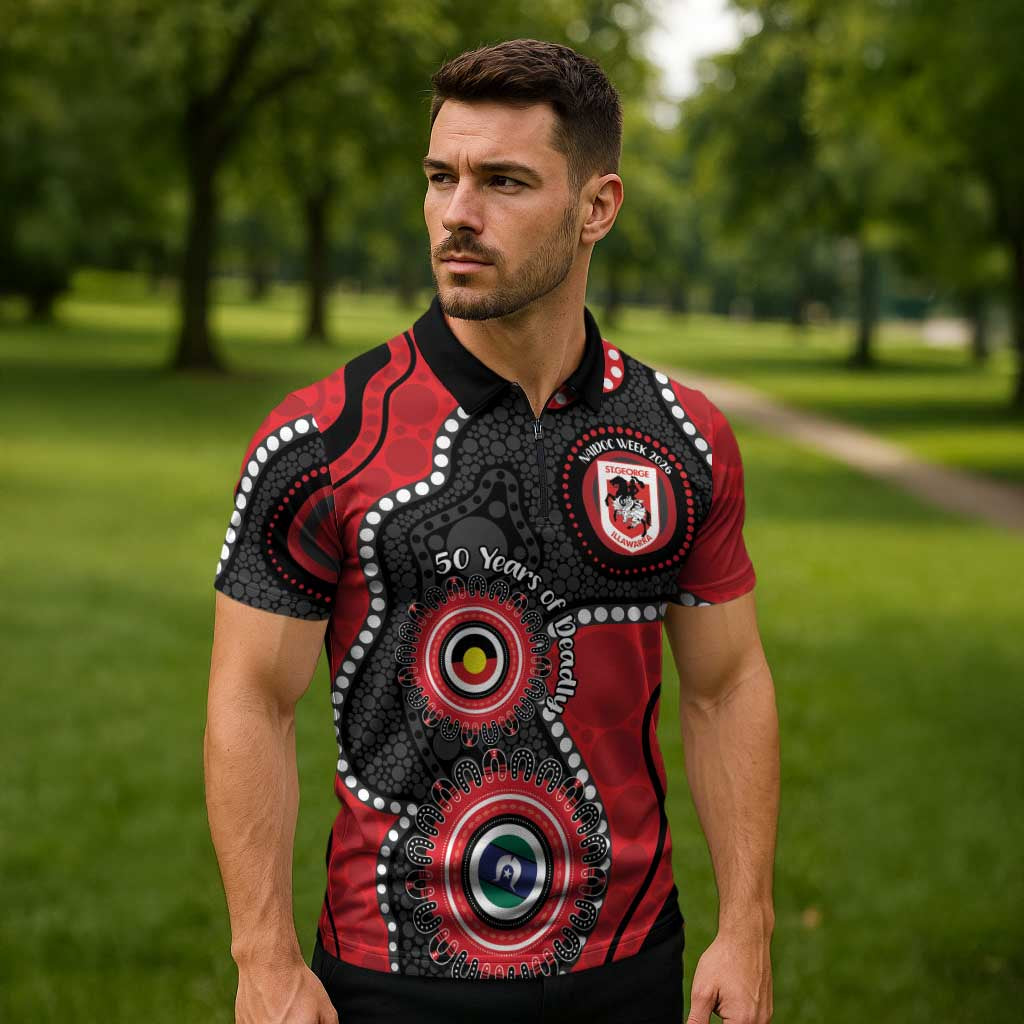 Dragons NAIDOC Week 2026 Personalised Zipper Polo Shirt 50 Years of Deadly Aboriginal Art