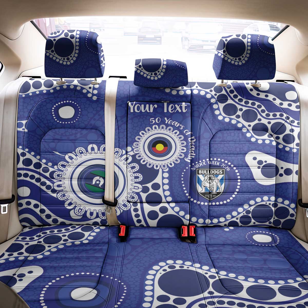 Bulldogs NAIDOC Week 2026 Personalised Back Car Seat Cover 50 Years of Deadly Aboriginal Art