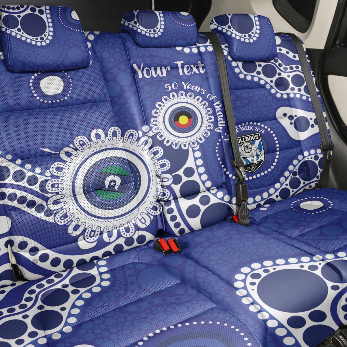 Bulldogs NAIDOC Week 2026 Personalised Back Car Seat Cover 50 Years of Deadly Aboriginal Art