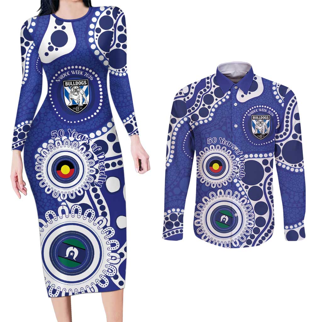 Bulldogs NAIDOC Week 2026 Personalised Couples Matching Long Sleeve Bodycon Dress and Long Sleeve Button Shirt 50 Years of Deadly Aboriginal Art