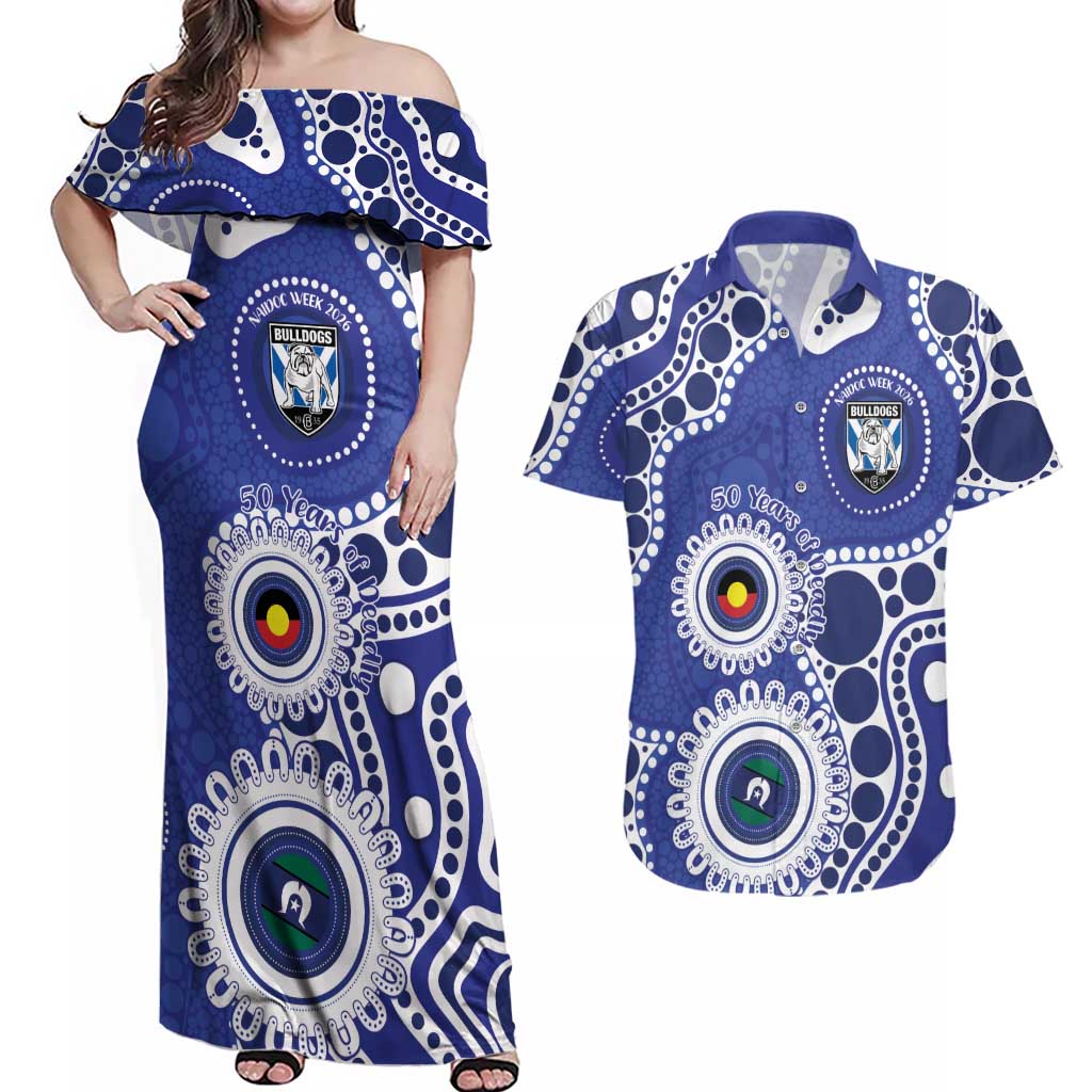 Bulldogs NAIDOC Week 2026 Personalised Couples Matching Off Shoulder Maxi Dress and Hawaiian Shirt 50 Years of Deadly Aboriginal Art