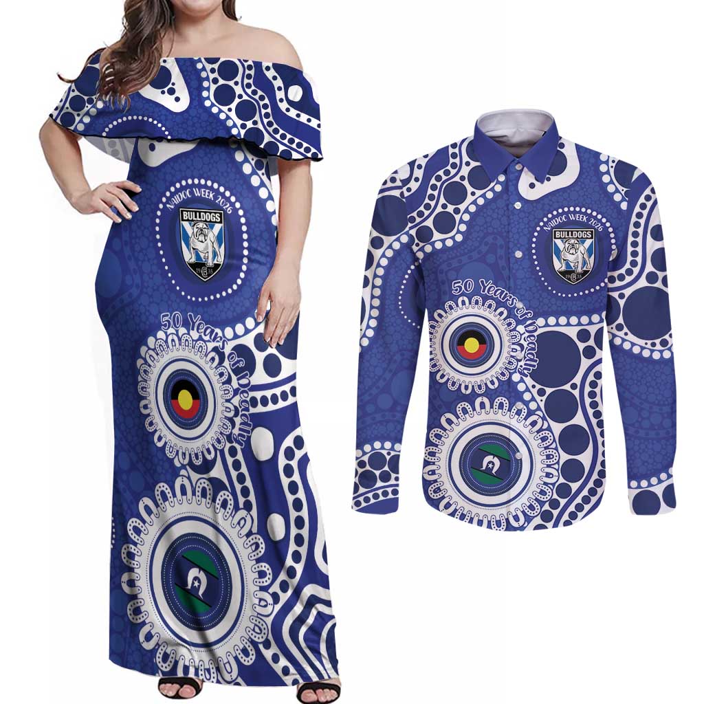 Bulldogs NAIDOC Week 2026 Personalised Couples Matching Off Shoulder Maxi Dress and Long Sleeve Button Shirt 50 Years of Deadly Aboriginal Art
