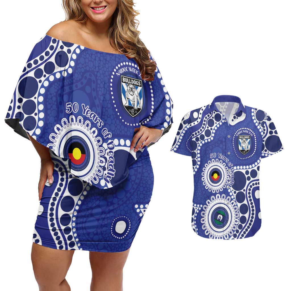 Bulldogs NAIDOC Week 2026 Personalised Couples Matching Off Shoulder Short Dress and Hawaiian Shirt 50 Years of Deadly Aboriginal Art
