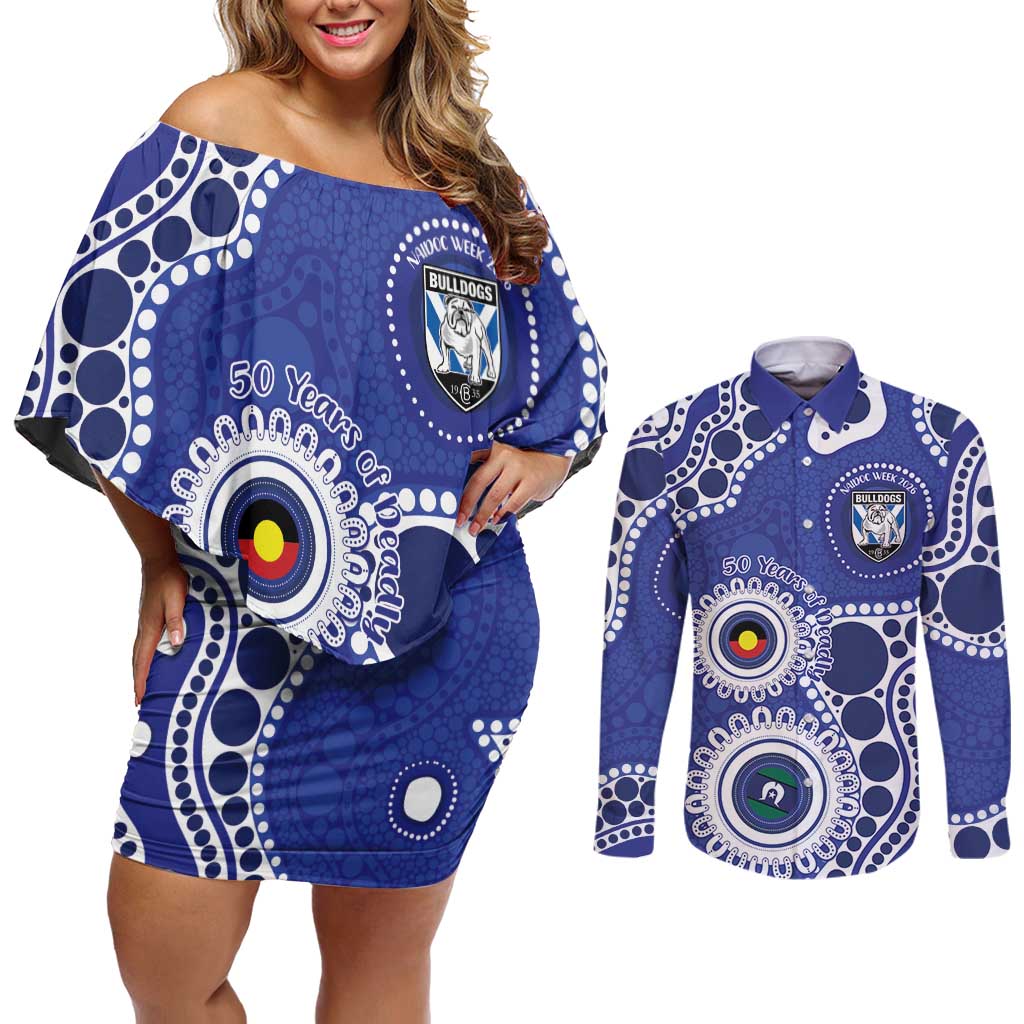 Bulldogs NAIDOC Week 2026 Personalised Couples Matching Off Shoulder Short Dress and Long Sleeve Button Shirt 50 Years of Deadly Aboriginal Art