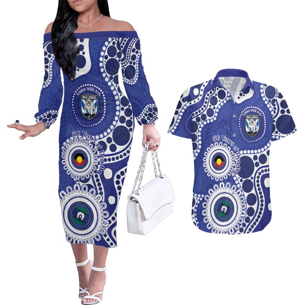 Bulldogs NAIDOC Week 2026 Personalised Couples Matching Off The Shoulder Long Sleeve Dress and Hawaiian Shirt 50 Years of Deadly Aboriginal Art