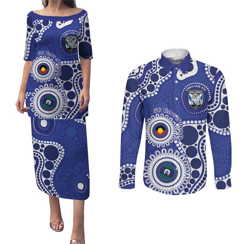 Bulldogs NAIDOC Week 2026 Personalised Couples Matching Puletasi and Long Sleeve Button Shirt 50 Years of Deadly Aboriginal Art
