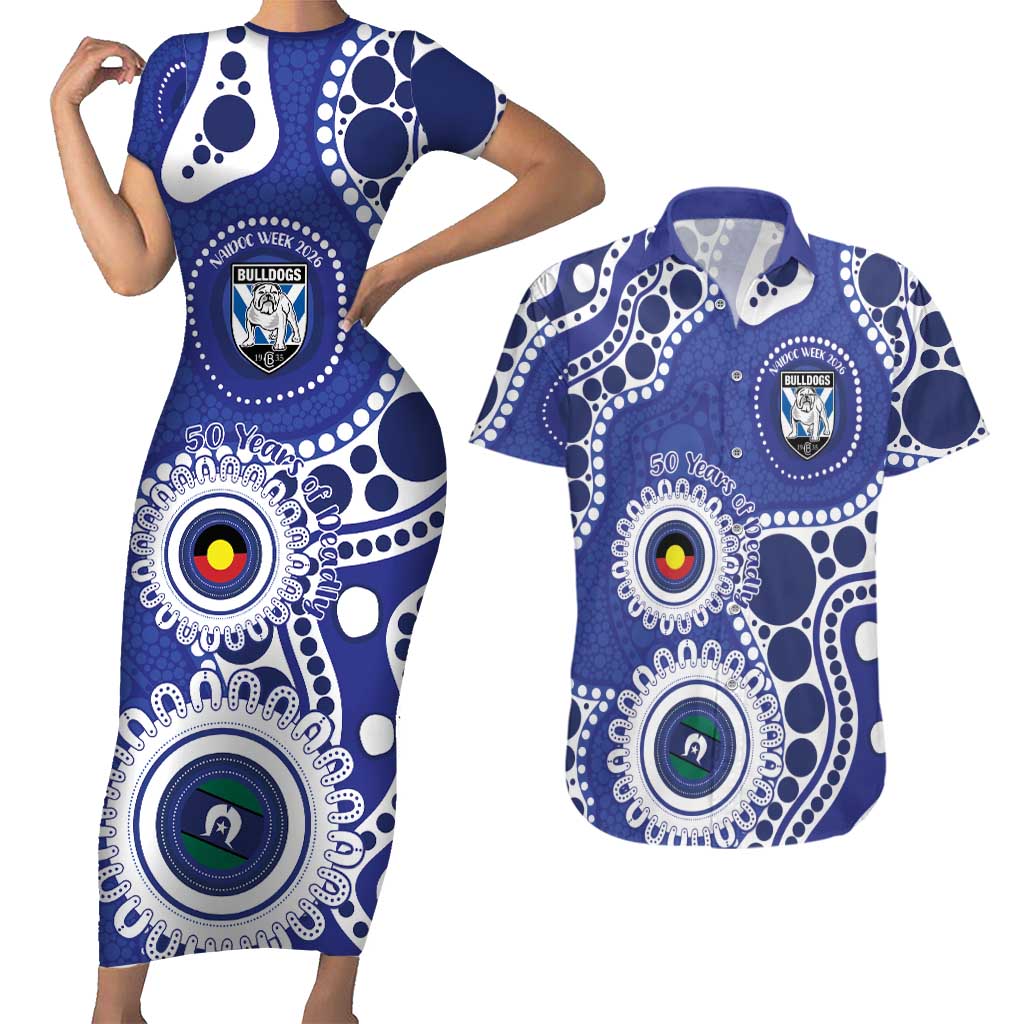Bulldogs NAIDOC Week 2026 Personalised Couples Matching Short Sleeve Bodycon Dress and Hawaiian Shirt 50 Years of Deadly Aboriginal Art