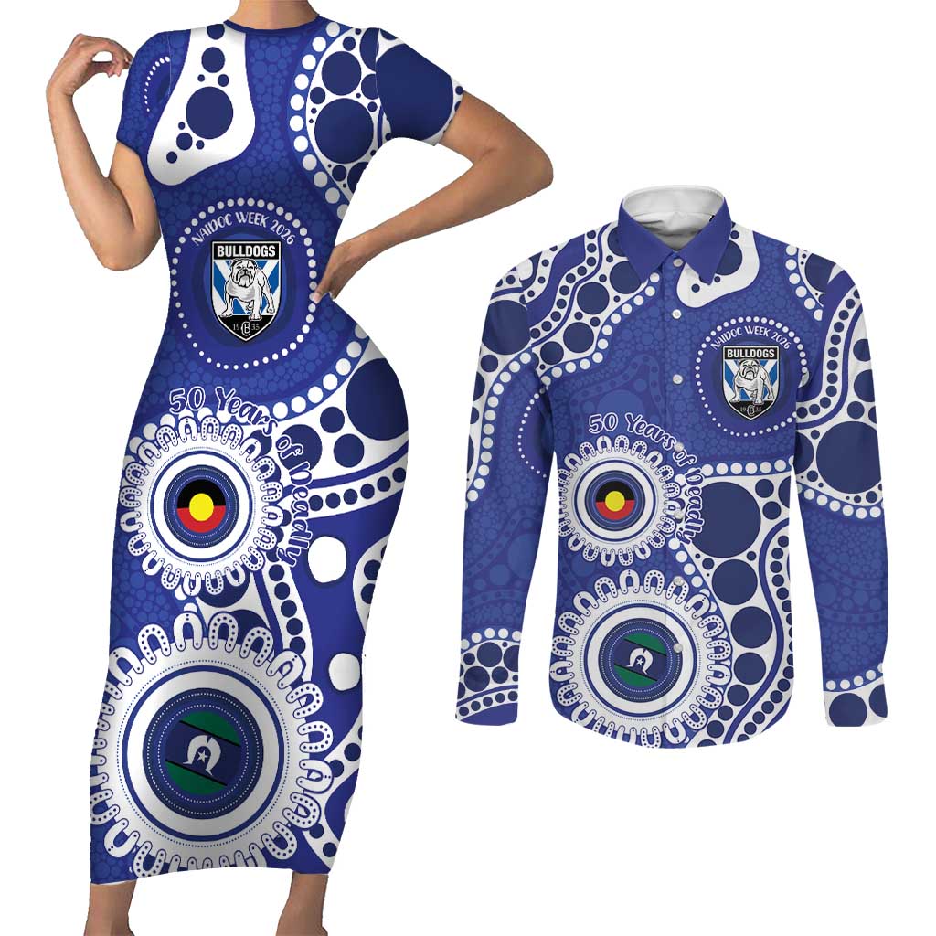 Bulldogs NAIDOC Week 2026 Personalised Couples Matching Short Sleeve Bodycon Dress and Long Sleeve Button Shirt 50 Years of Deadly Aboriginal Art