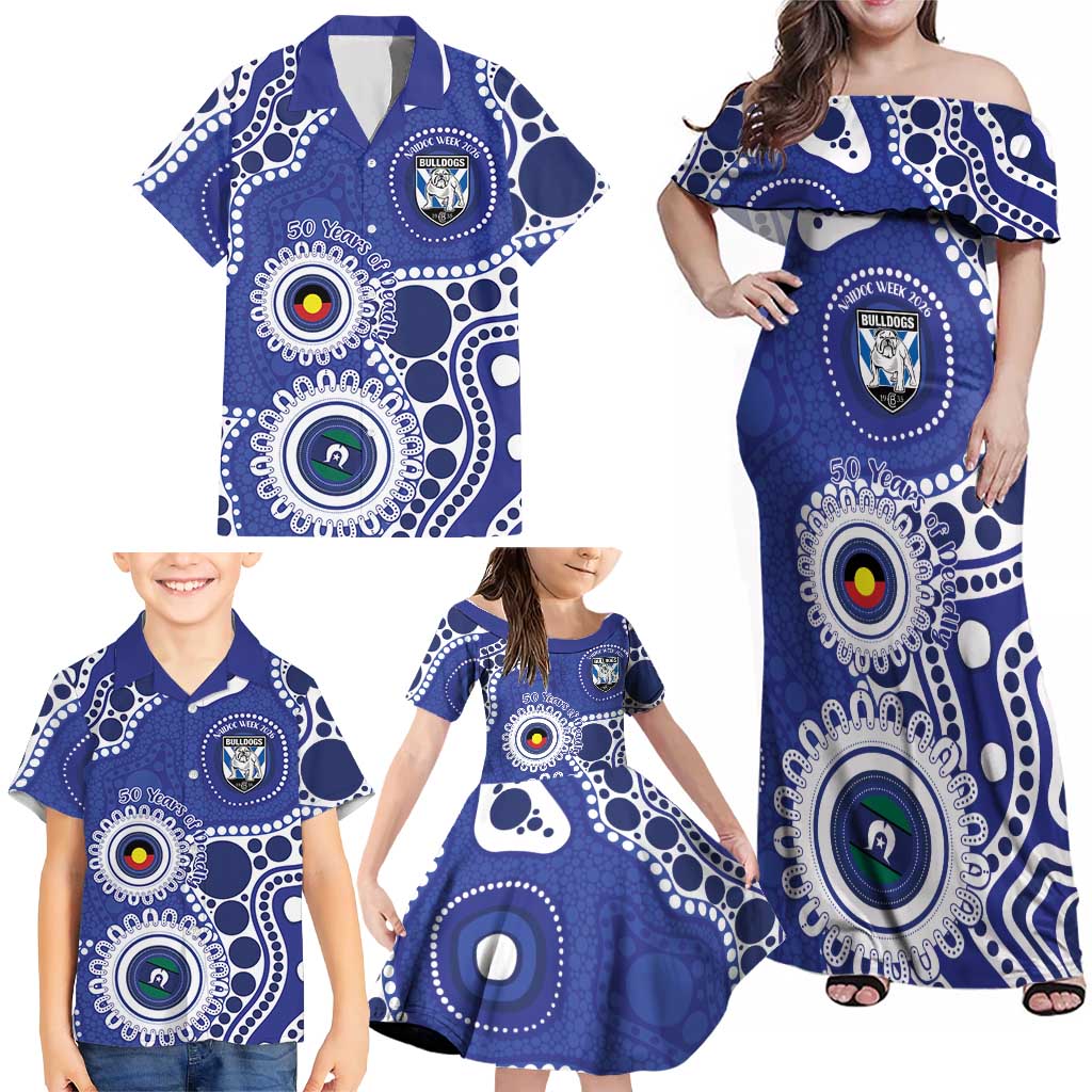 Bulldogs NAIDOC Week 2026 Personalised Family Matching Off Shoulder Maxi Dress and Hawaiian Shirt 50 Years of Deadly Aboriginal Art