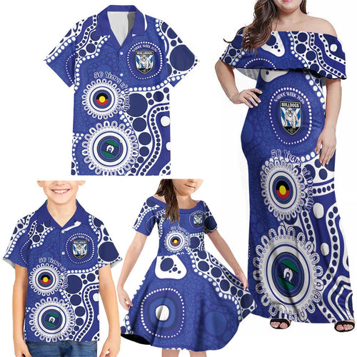 Bulldogs NAIDOC Week 2026 Personalised Family Matching Off Shoulder Maxi Dress and Hawaiian Shirt 50 Years of Deadly Aboriginal Art