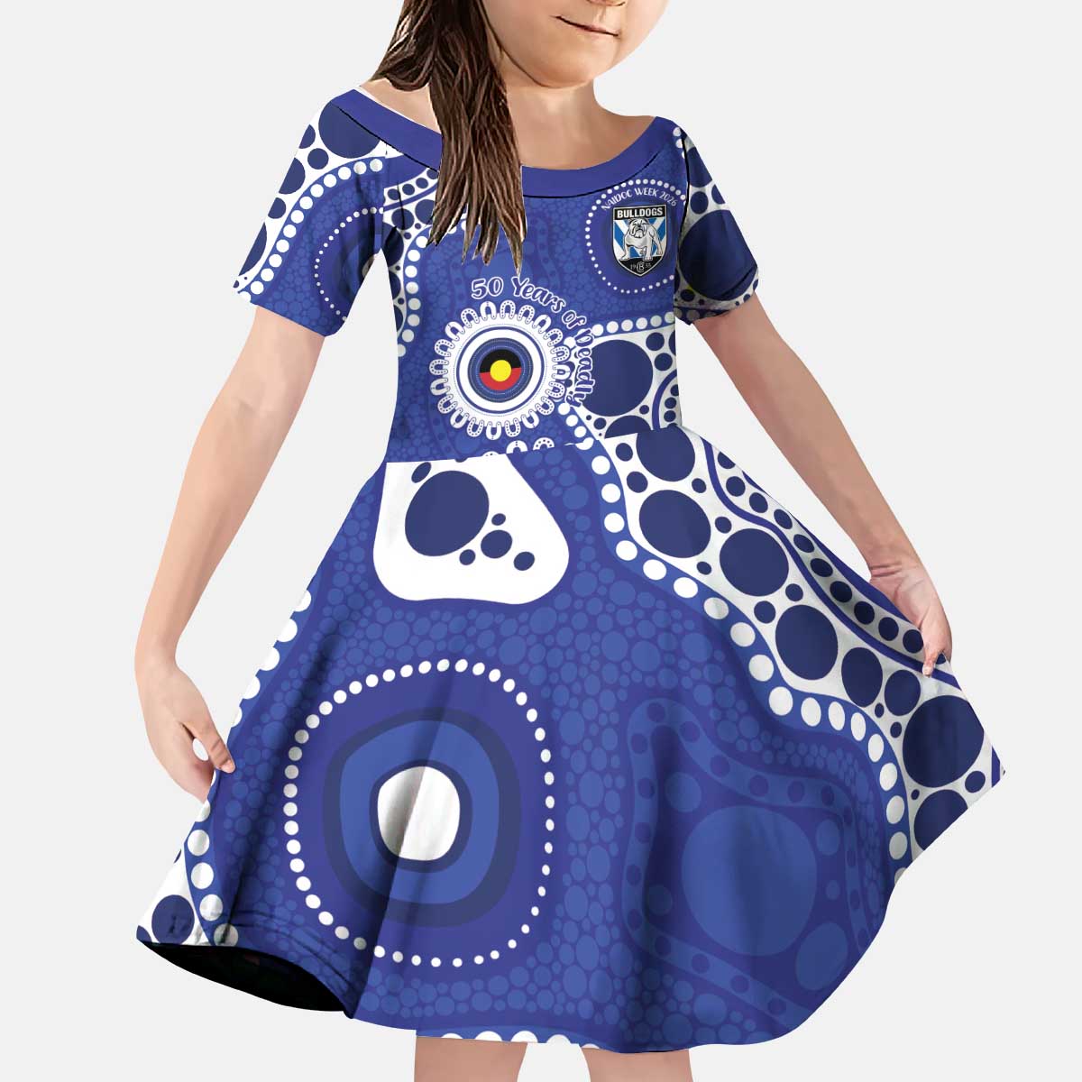 Bulldogs NAIDOC Week 2026 Personalised Kid Short Sleeve Dress 50 Years of Deadly Aboriginal Art
