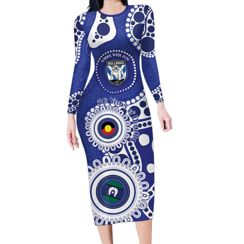 Bulldogs NAIDOC Week 2026 Personalised Long Sleeve Bodycon Dress 50 Years of Deadly Aboriginal Art