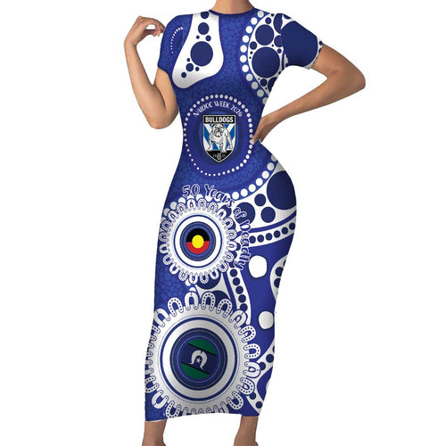 Bulldogs NAIDOC Week 2026 Personalised Short Sleeve Bodycon Dress 50 Years of Deadly Aboriginal Art