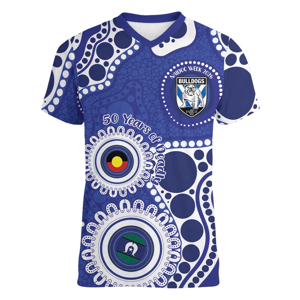 Bulldogs NAIDOC Week 2026 Personalised Women V-Neck T-Shirt 50 Years of Deadly Aboriginal Art