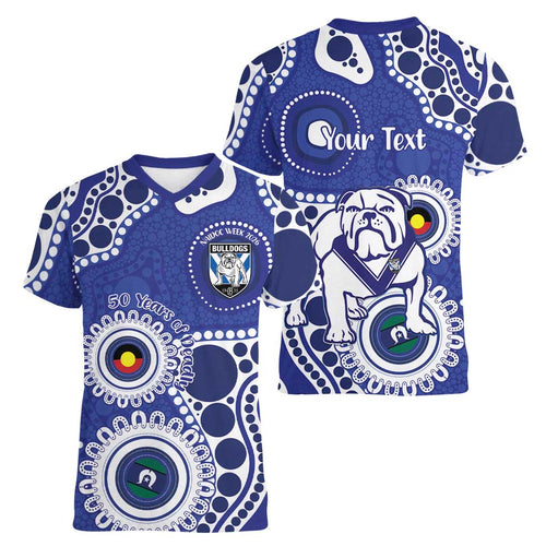 Bulldogs NAIDOC Week 2026 Personalised Women V-Neck T-Shirt 50 Years of Deadly Aboriginal Art