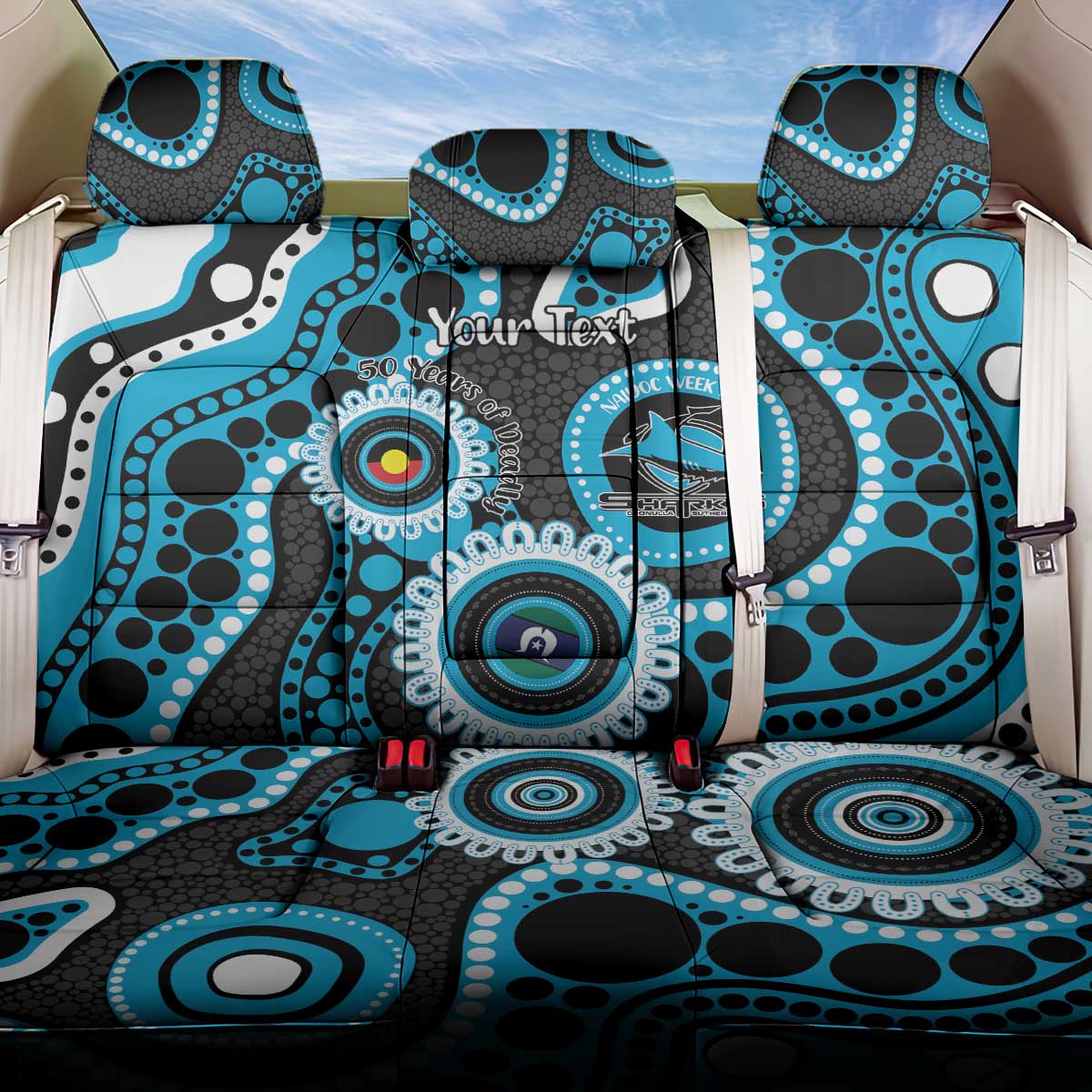 Sharks NAIDOC Week 2026 Personalised Back Car Seat Cover 50 Years of Deadly Aboriginal Art