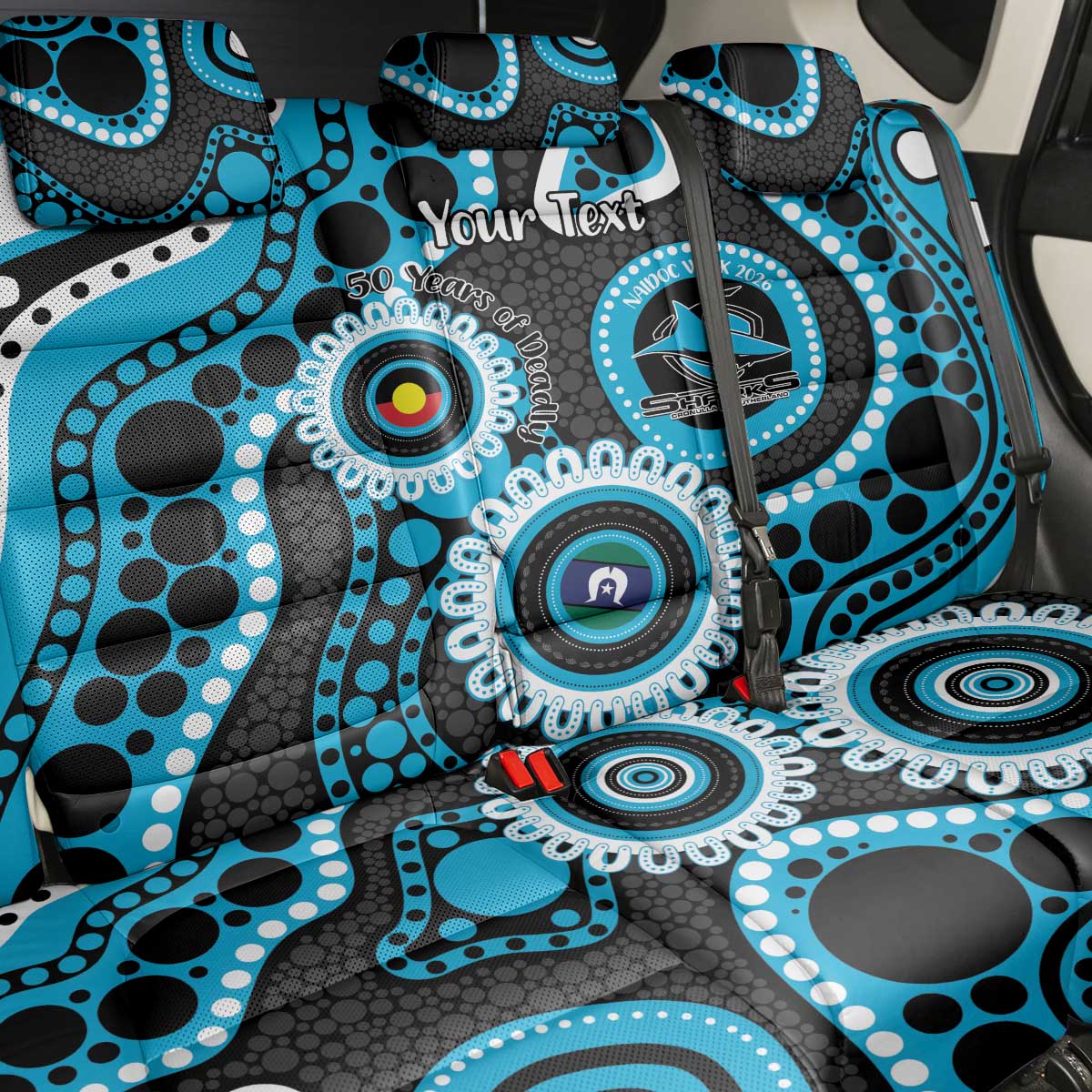 Sharks NAIDOC Week 2026 Personalised Back Car Seat Cover 50 Years of Deadly Aboriginal Art