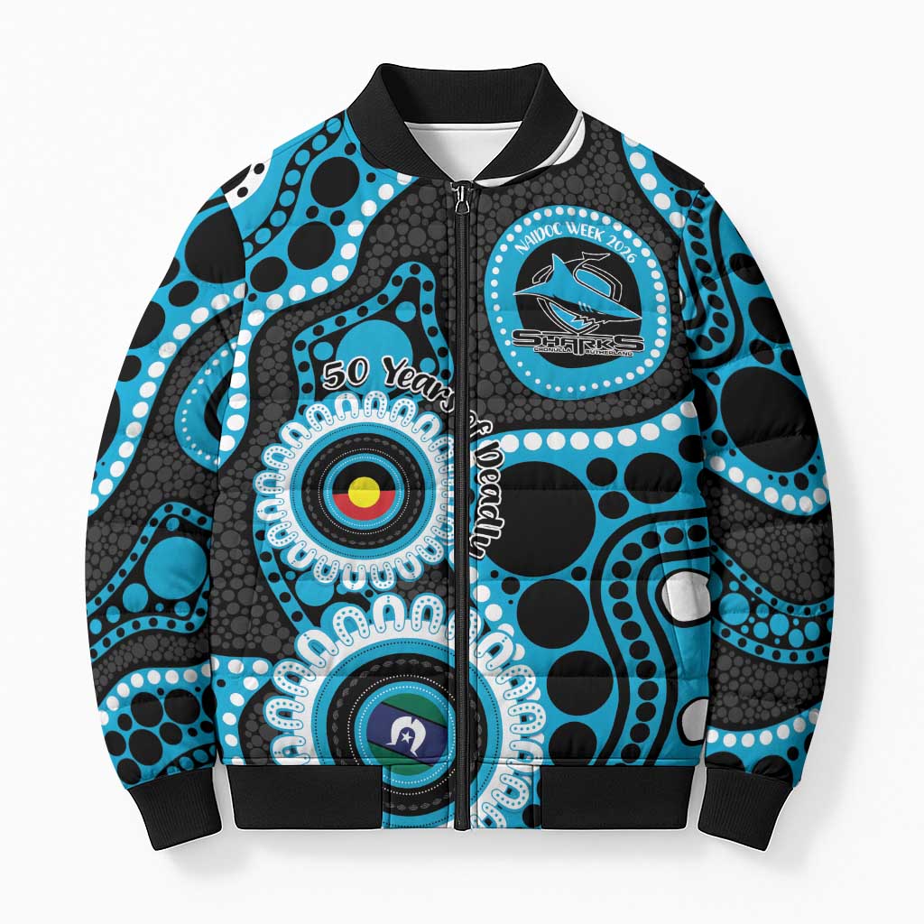 Sharks NAIDOC Week 2026 Personalised Bomber Puffer Jacket 50 Years of Deadly Aboriginal Art