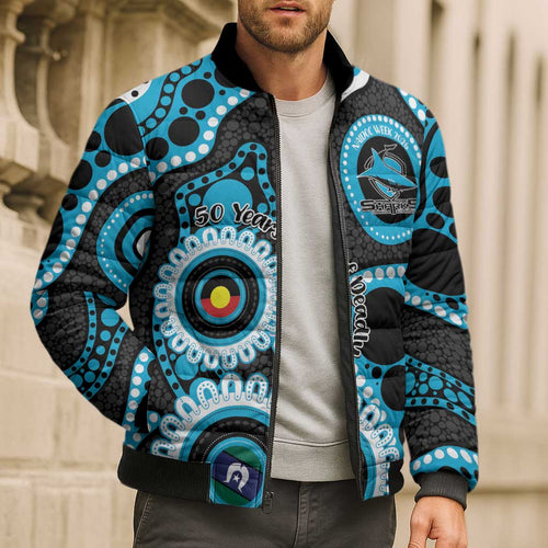 Sharks NAIDOC Week 2026 Personalised Bomber Puffer Jacket 50 Years of Deadly Aboriginal Art