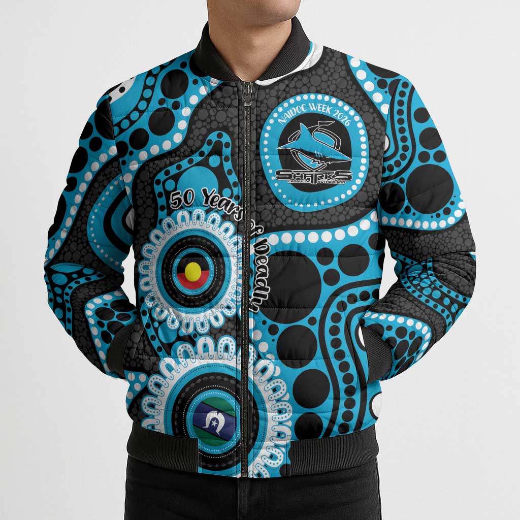 Sharks NAIDOC Week 2026 Personalised Bomber Puffer Jacket 50 Years of Deadly Aboriginal Art