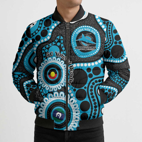 Sharks NAIDOC Week 2026 Personalised Bomber Puffer Jacket 50 Years of Deadly Aboriginal Art