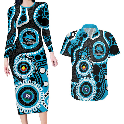 Sharks NAIDOC Week 2026 Personalised Couples Matching Long Sleeve Bodycon Dress and Hawaiian Shirt 50 Years of Deadly Aboriginal Art