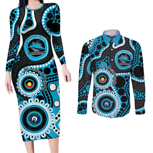 Sharks NAIDOC Week 2026 Personalised Couples Matching Long Sleeve Bodycon Dress and Long Sleeve Button Shirt 50 Years of Deadly Aboriginal Art