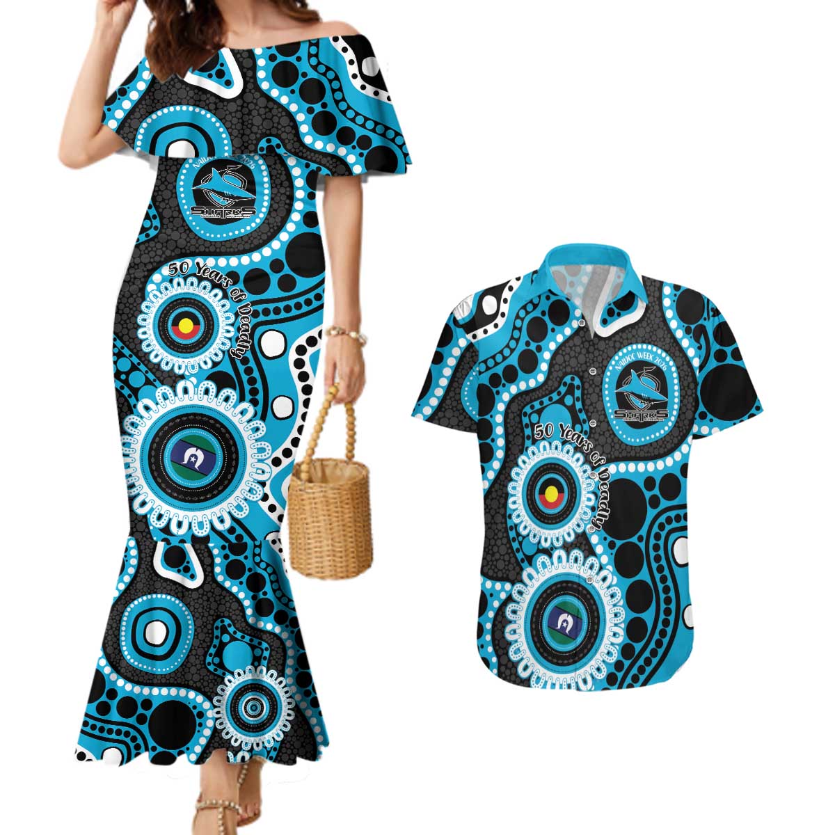 Sharks NAIDOC Week 2026 Personalised Couples Matching Mermaid Dress and Hawaiian Shirt 50 Years of Deadly Aboriginal Art