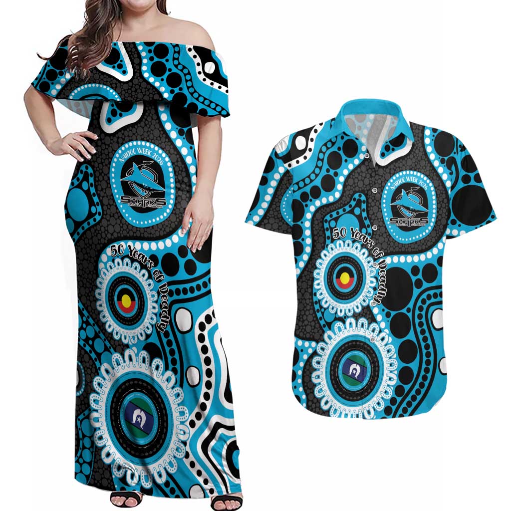 Sharks NAIDOC Week 2026 Personalised Couples Matching Off Shoulder Maxi Dress and Hawaiian Shirt 50 Years of Deadly Aboriginal Art