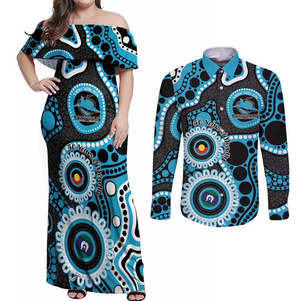 Sharks NAIDOC Week 2026 Personalised Couples Matching Off Shoulder Maxi Dress and Long Sleeve Button Shirt 50 Years of Deadly Aboriginal Art