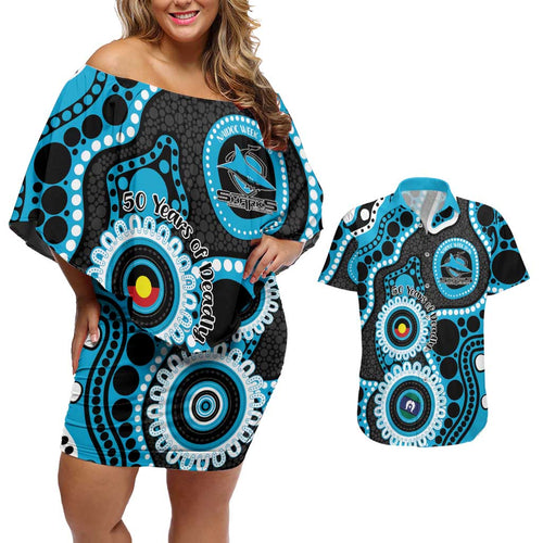 Sharks NAIDOC Week 2026 Personalised Couples Matching Off Shoulder Short Dress and Hawaiian Shirt 50 Years of Deadly Aboriginal Art
