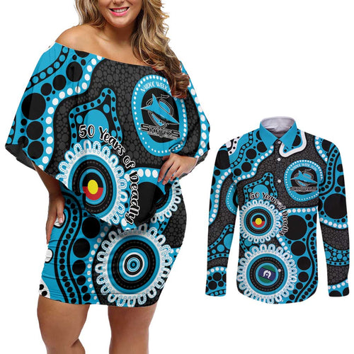 Sharks NAIDOC Week 2026 Personalised Couples Matching Off Shoulder Short Dress and Long Sleeve Button Shirt 50 Years of Deadly Aboriginal Art