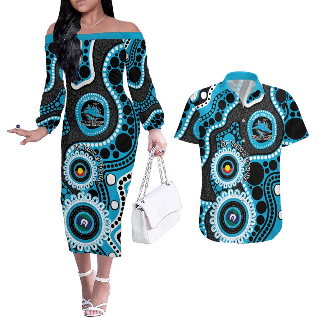 Sharks NAIDOC Week 2026 Personalised Couples Matching Off The Shoulder Long Sleeve Dress and Hawaiian Shirt 50 Years of Deadly Aboriginal Art