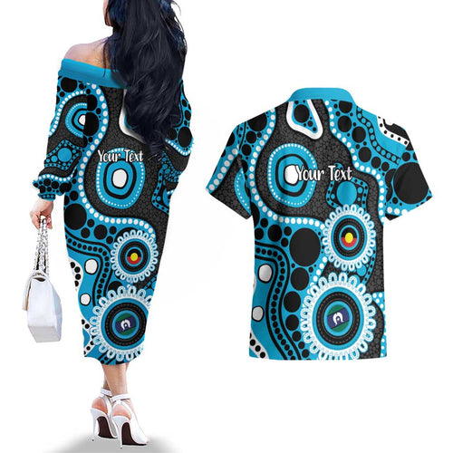 Sharks NAIDOC Week 2026 Personalised Couples Matching Off The Shoulder Long Sleeve Dress and Hawaiian Shirt 50 Years of Deadly Aboriginal Art