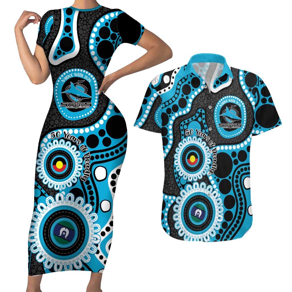 Sharks NAIDOC Week 2026 Personalised Couples Matching Short Sleeve Bodycon Dress and Hawaiian Shirt 50 Years of Deadly Aboriginal Art