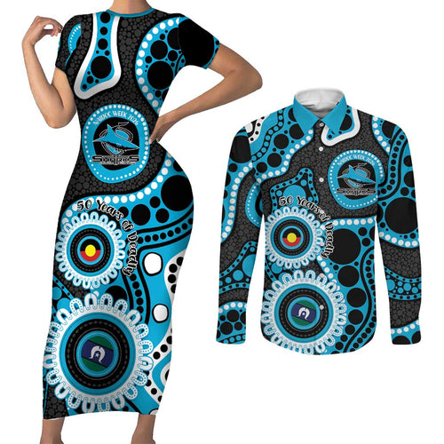 Sharks NAIDOC Week 2026 Personalised Couples Matching Short Sleeve Bodycon Dress and Long Sleeve Button Shirt 50 Years of Deadly Aboriginal Art