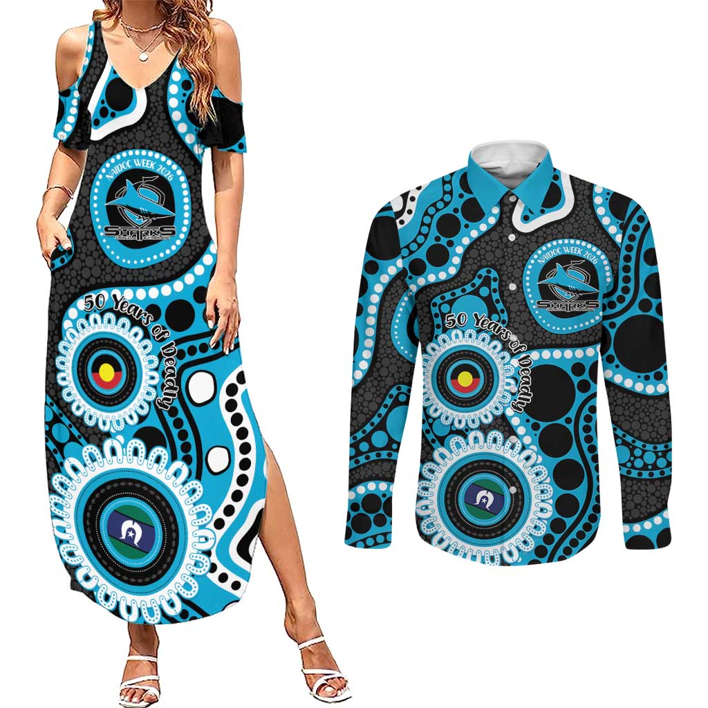 Sharks NAIDOC Week 2026 Personalised Couples Matching Summer Maxi Dress and Long Sleeve Button Shirt 50 Years of Deadly Aboriginal Art