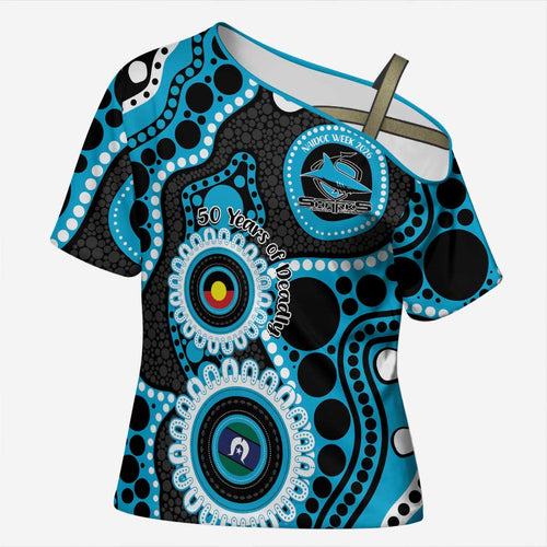 Sharks NAIDOC Week 2026 Personalised Cross Shoulder Shirt 50 Years of Deadly Aboriginal Art