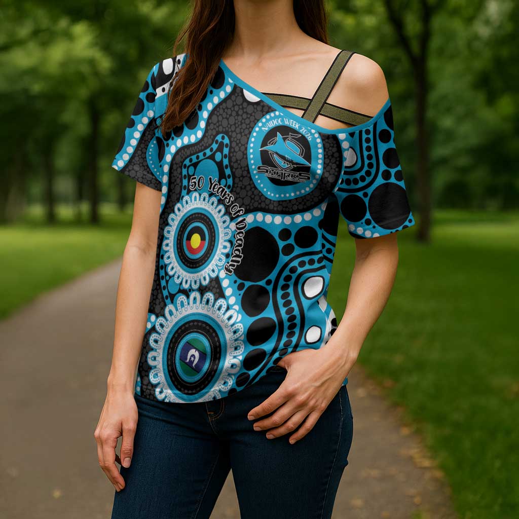 Sharks NAIDOC Week 2026 Personalised Cross Shoulder Shirt 50 Years of Deadly Aboriginal Art